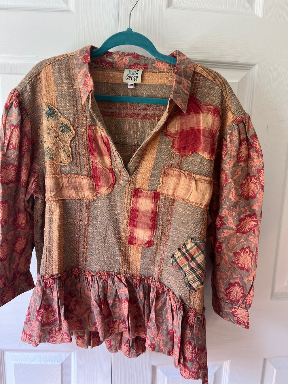 Johnny Was Gypsy Patchwork Peasant Blouse in Red and Tan
